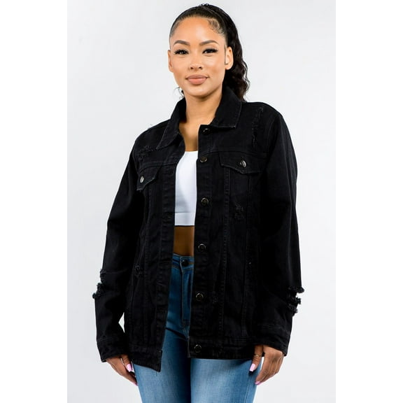American Bazi Full Size Button Up Distressed Denim Jacket
