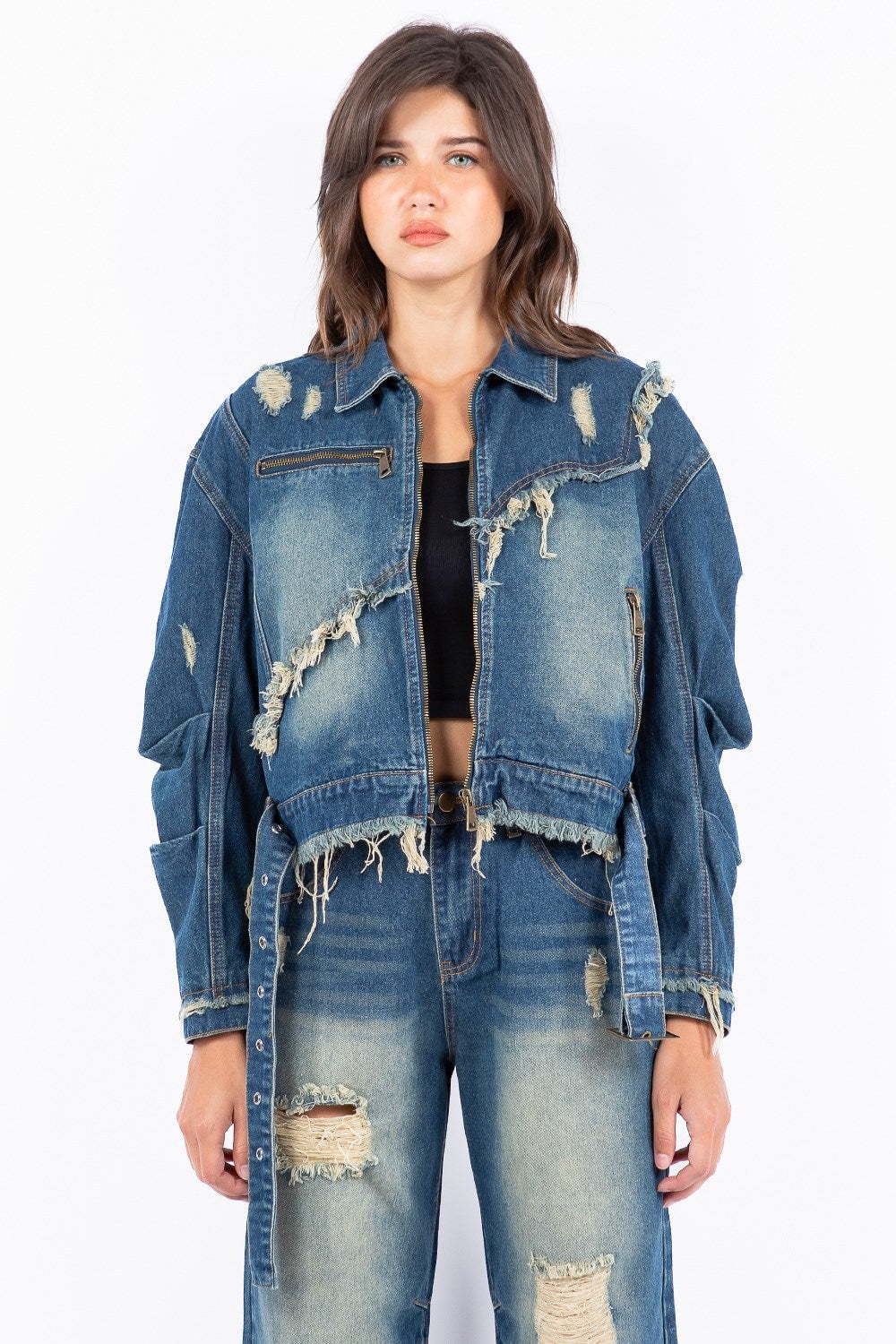American Bazi Zip Up Washed Crop Denim Vest