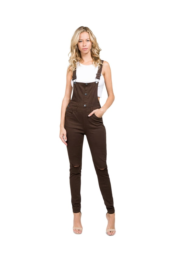 American Bazi Women's Button Down Slim Fit Color Denim Overalls RJHO926 - Brown - Large