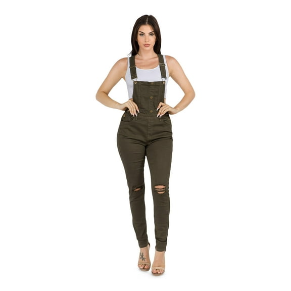 American Bazi Women's Button Down Slim Fit Color Denim Overalls RJHO926 - Olive - Medium