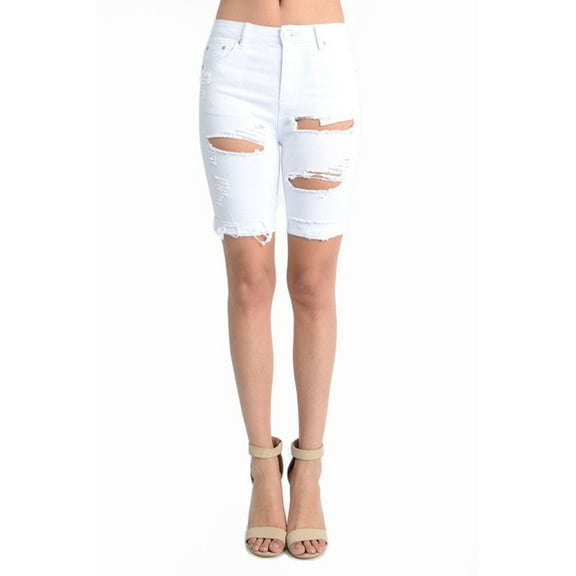 American Bazi Women's Destroyed Skinny Shorts - WHT - SML