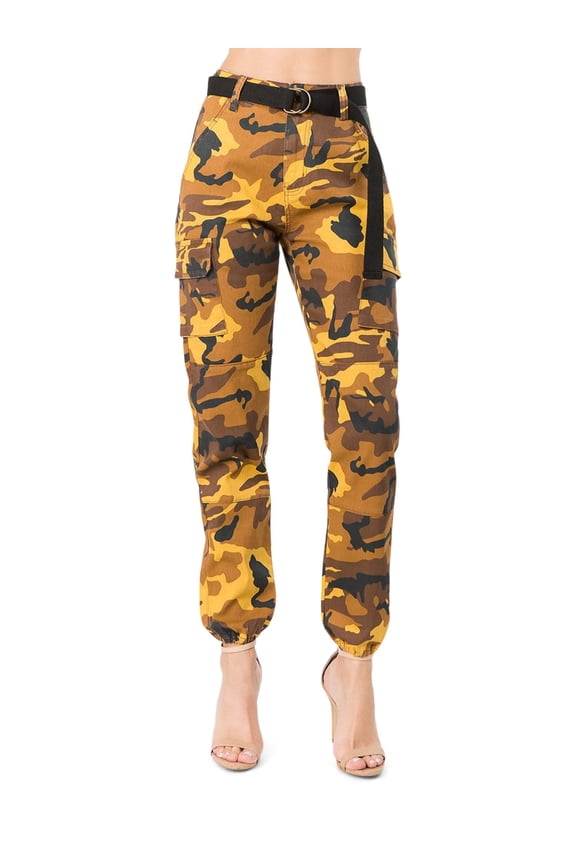 American Bazi Women's High Waist Belt Camo Cargo Joggers RJJ2036 - Gold Brown Camo - Small