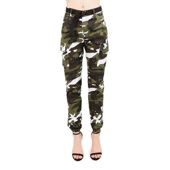 American Bazi Women's High Waist Belt Camo Cargo Joggers RJJ2036 - Winter Camo - 3X-Large