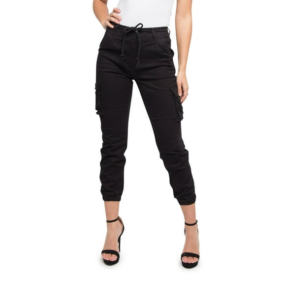 American Bazi Women's High Waist Cropped Colored Cargo Jogger Pants RJJ3645 - Black - Medium