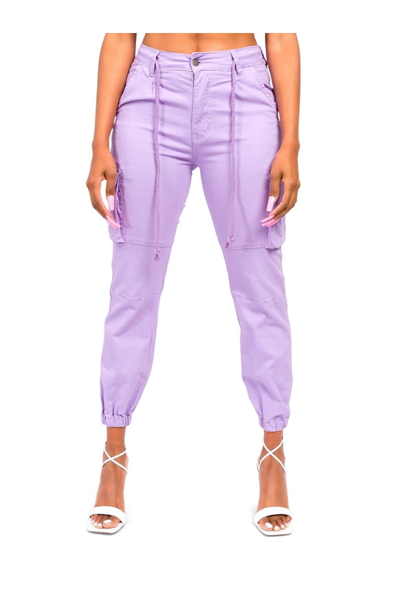 American Bazi Women's High Waist Cropped Colored Cargo Jogger Pants RJJ3645 - Lavender - Small