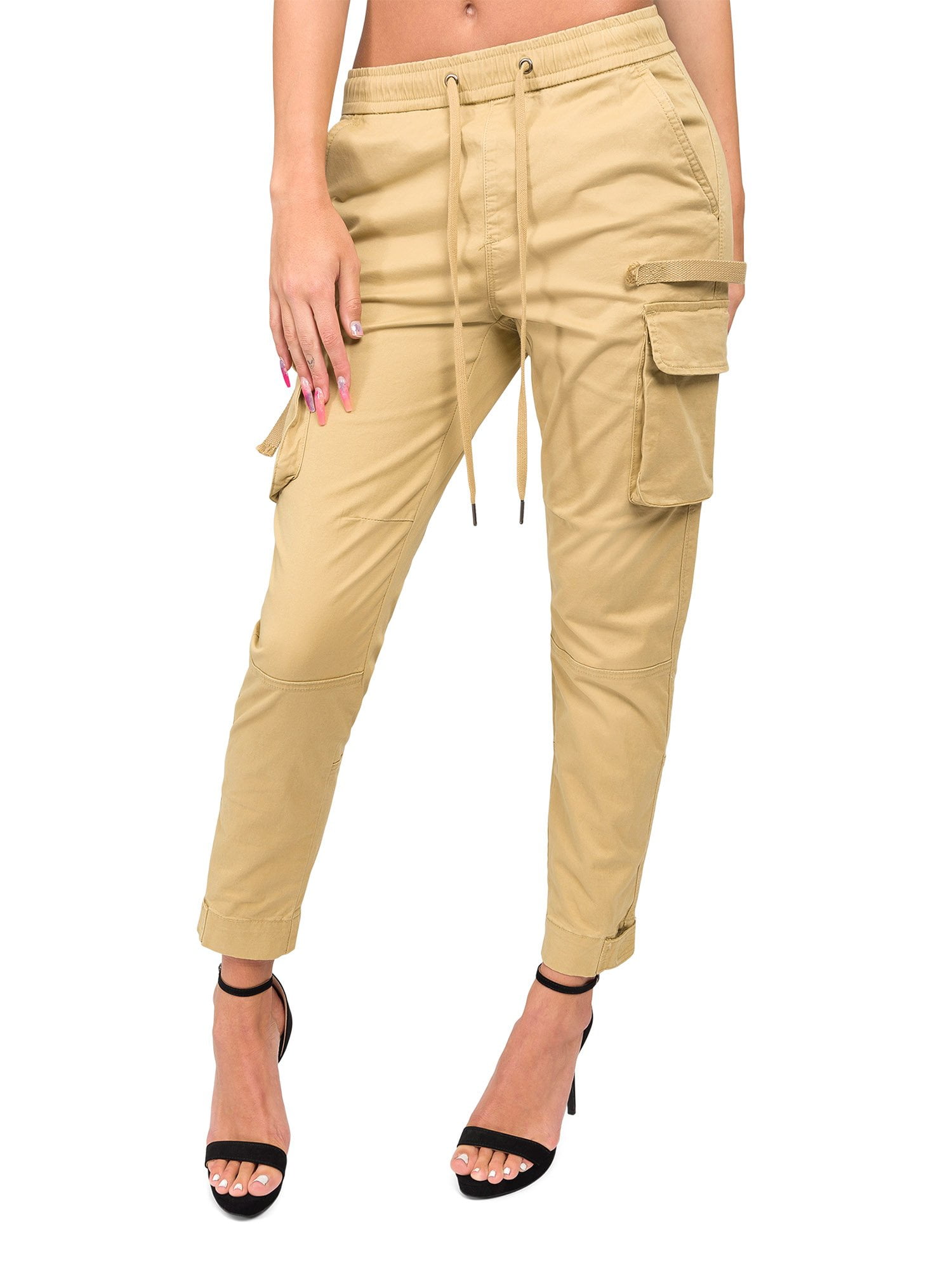 American Bazi Women s High Waist Drawstring Waist Cargo Joggers RJJ2898 Khaki Small