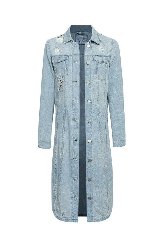 American Bazi Women's Long Button Down Distressed Denim Jean Jacket - Light Blue - 3X-Large