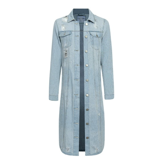 American Bazi Women's Long Button Down Distressed Denim Jean Jacket - Light Blue - Small