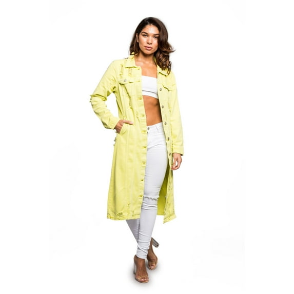 American Bazi Women's Long Button Down Distressed Denim Jean Jacket - Lime - Large