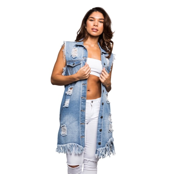 American Bazi Women's Oversized Destroyed Long Denim Jean Vest RBT713 - Blue - X-Large