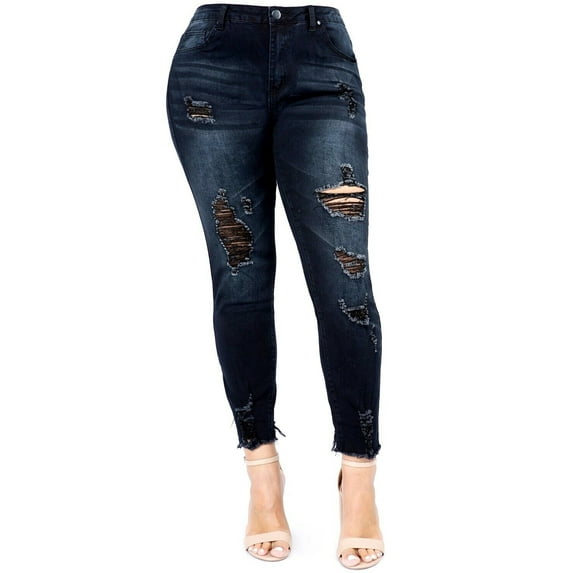 American Bazi Women's Plus Size Stretch Distressed Ripped Skinny Black Denim Jeans Pants (RJL-971-1)
