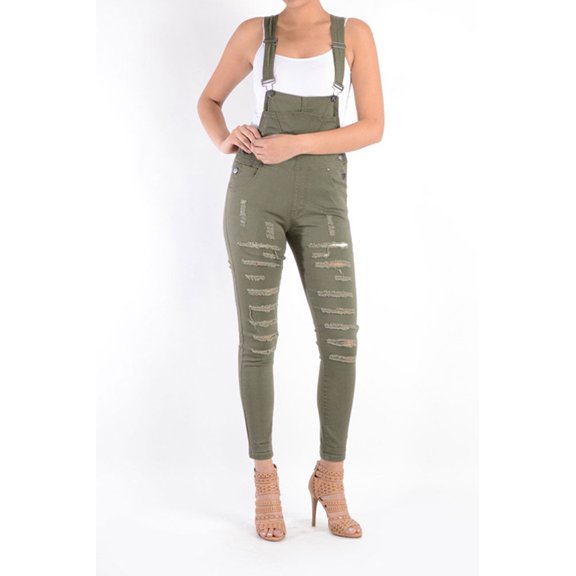 American Bazi Women's Ripped Skinny Overalls RJHO379- OLV-3XL