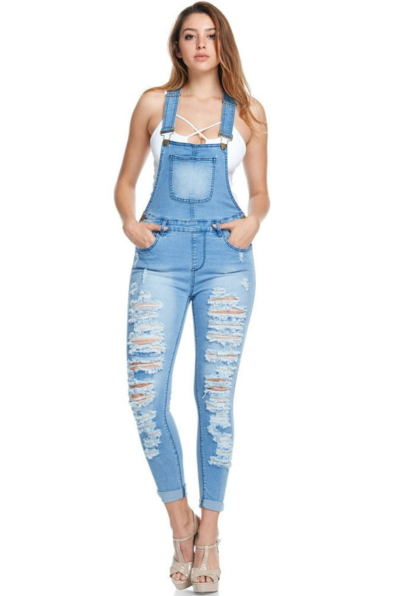 Women's Ripped Up Skinny Overalls RJHO837 - Blue- XL