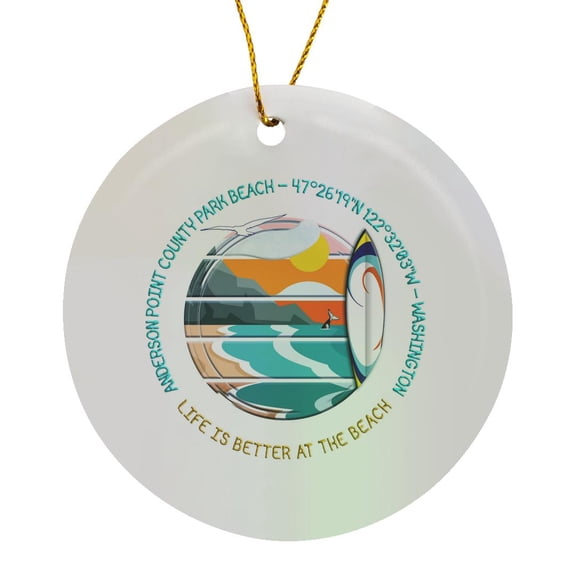 3drose, American Beaches - Anderson Point County Park Beach, Washington Gift, Circle Porcelain Ornament