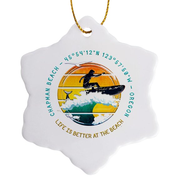 3drose, American Beaches - Chapman Beach, Clatsop County, Oregon Travel Gift, 3 inch Snowflake Porcelain Ornament