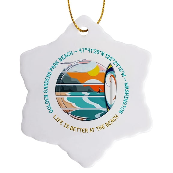 3drose, American Beaches - Golden Gardens Park Beach, Seattle, Washington, 3 inch Snowflake Porcelain Ornament