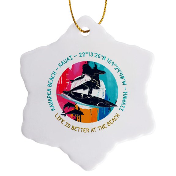 3drose, American Beaches - Kauapea Beach, Kauai, Hawaii Family Memory Gift, 3 inch Snowflake Porcelain Ornament