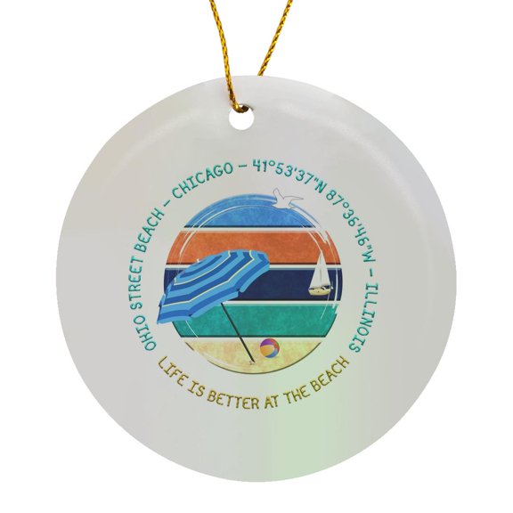 3drose, American Beaches - Ohio Street Beach, Chicago, Illinois Travel Gift, Circle Porcelain Ornament