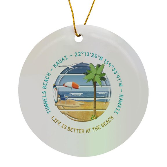 3drose, American Beaches - Tunnels Beach, Kauai, Hawaii Summer Travel Charm, Circle Porcelain Ornament