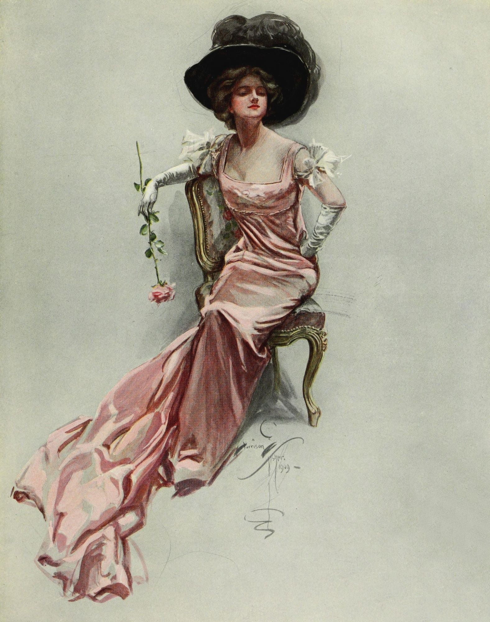 American Beauties 1909 Beautiful Rose Canvas Art - Harrison Fisher (24 x 36)