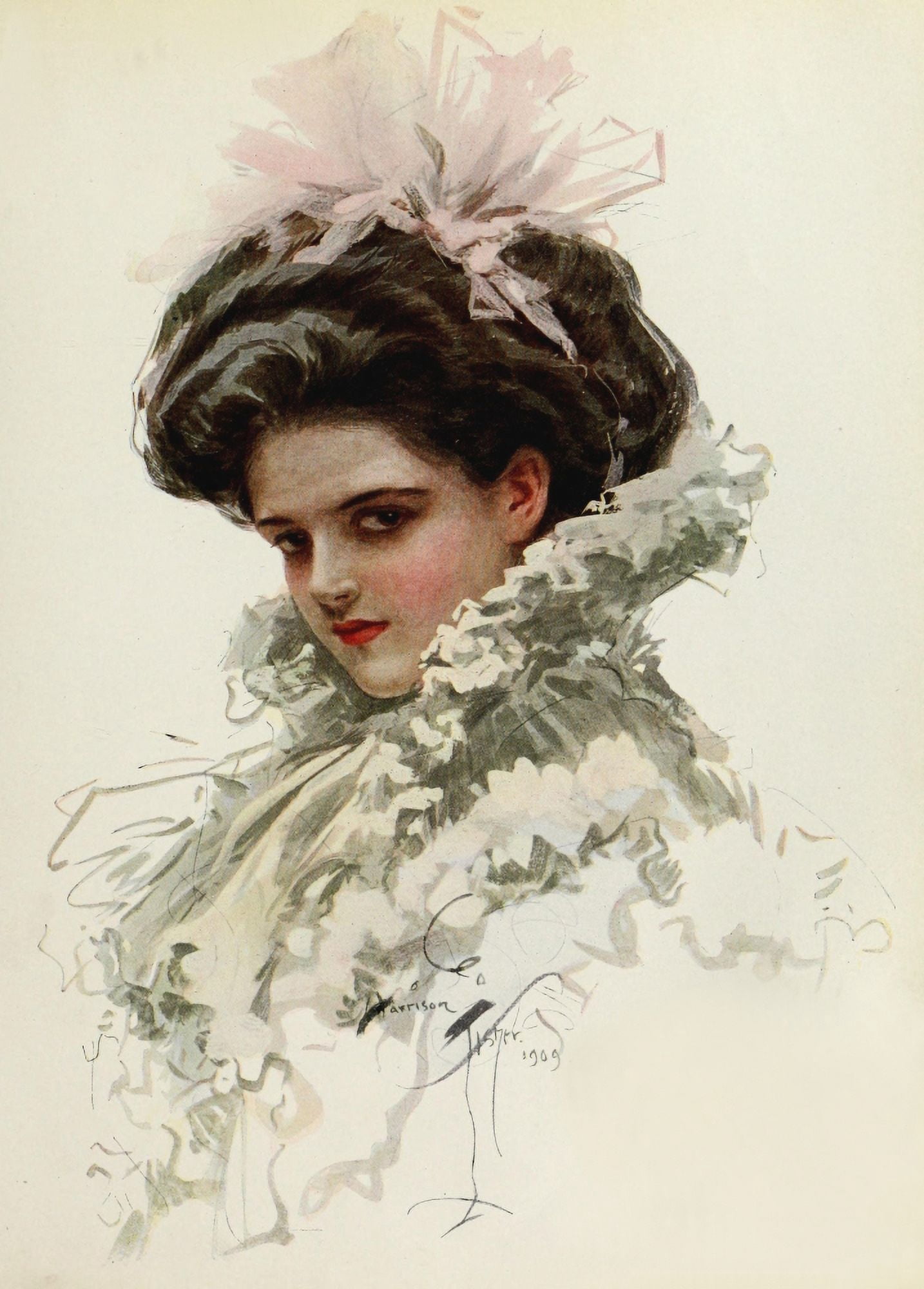 American Beauties 1909 Pink bow Canvas Art - Harrison Fisher (18 x 24)