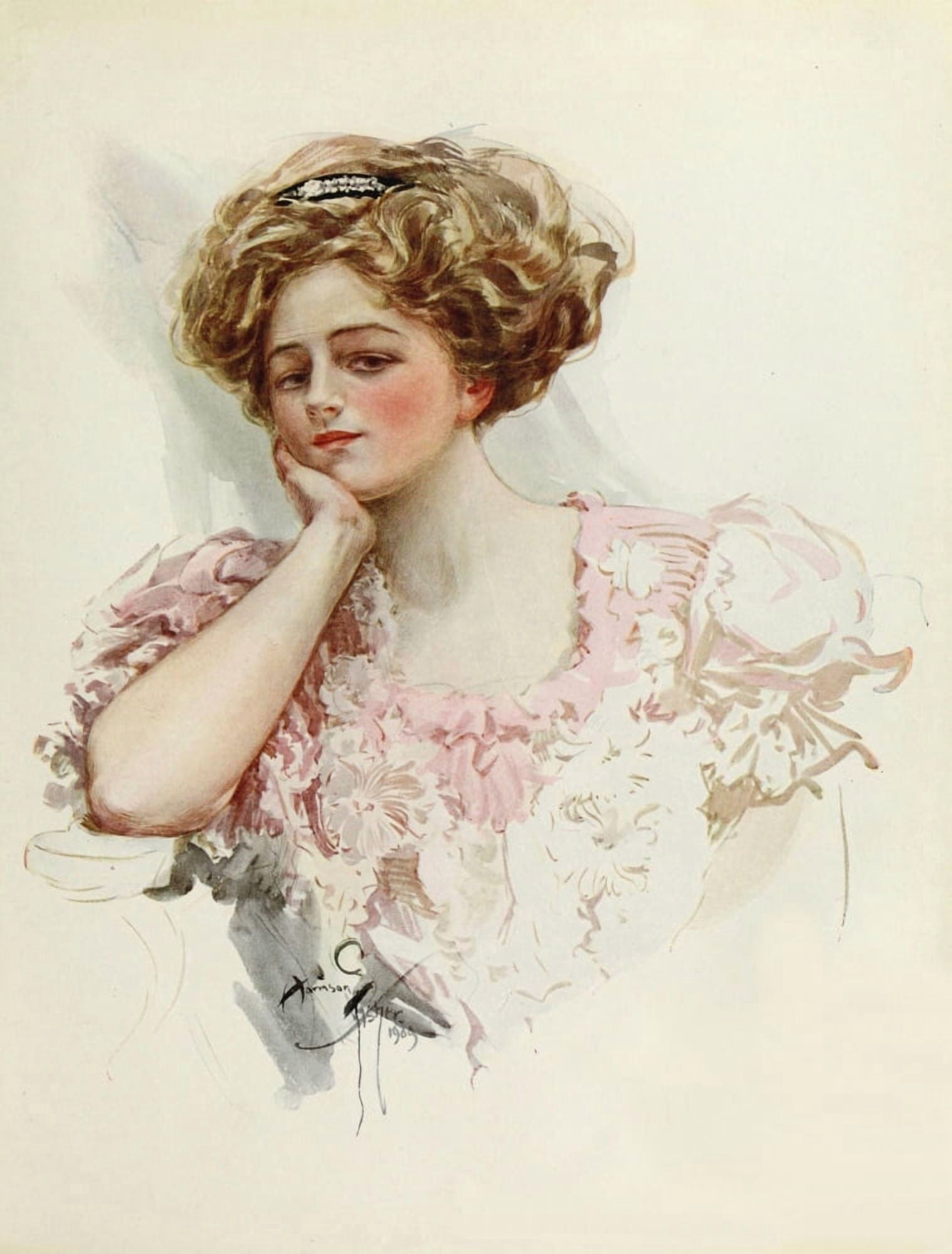 American Beauties 1909 Pink dress Canvas Art - Harrison Fisher (18 x 24)