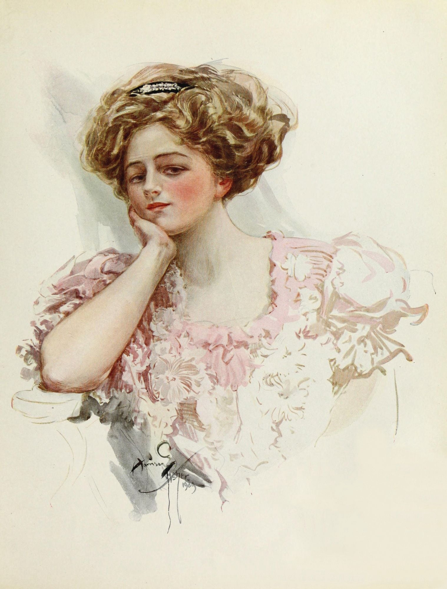 American Beauties 1909 Pink dress Canvas Art - Harrison Fisher (24 x 36)
