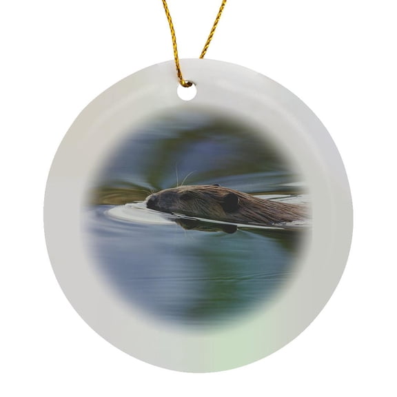 3drose, American Beaver Swimming in Pond, Circle Porcelain Ornament