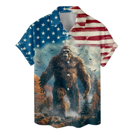 American Bigfoot Hawaiian Shirt For Men USA Big Foot Sasquatch Mens Hawaiian Shirts Short Sleeve Button Down Shirt Men