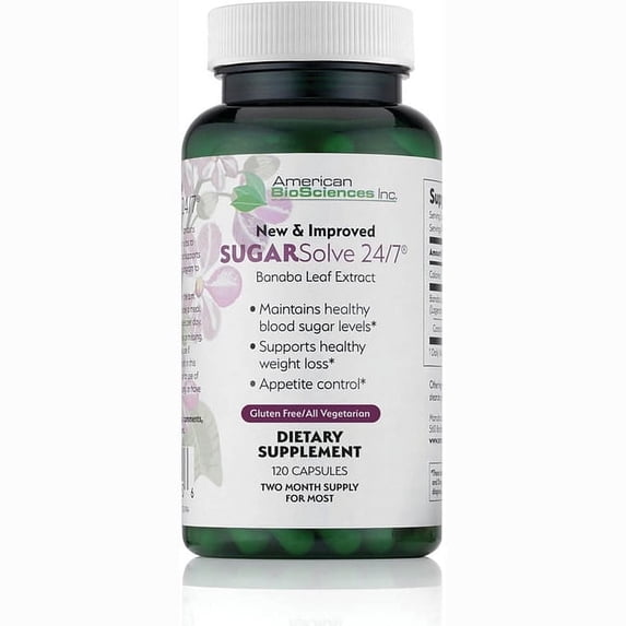 American BioSciences Sugar Solve 24/7 Dietary Supplements, 120 Count with Banaba Leaf Extract