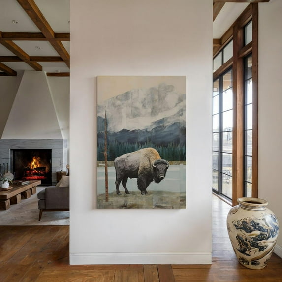 American Bison Art Print, Mountain Landscape, Vintage Buffalo Print, Rustic Bison, Western Bison Decor, Wildlife Wall Art Poster, Unframed Poster Size 8x12 F03.1.15l1204