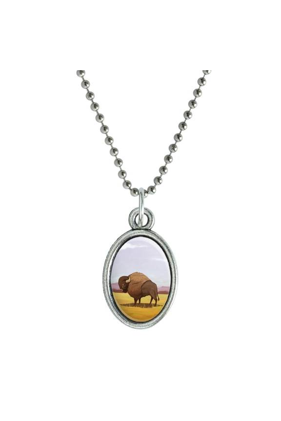 American Bison Buffalo Herd on the Plains Antiqued Oval Charm Pendant with Chain