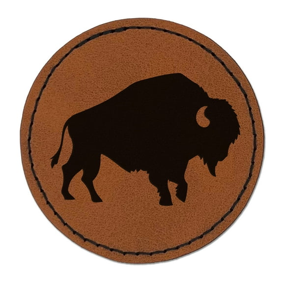 American Bison Buffalo Silhouette 2.5" Faux Leather Round Engraved Iron-On Patch - Brown