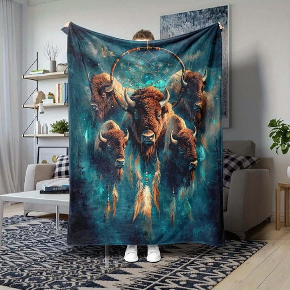 American Bison Dream Catcher Printed Flannel Blanket, Polyester Soft Four Seasons Blanket, Comfortable Car Nap Travel Blanket