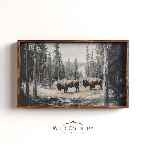 American Bison Forest Wall Art Print, Western Buffalo Pine Tree Vintage Landscape Decor