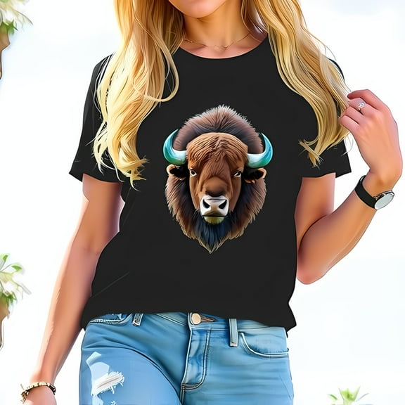 American Bison Graphic Cotton Short Sleeve T-Shirt for Women - Bold Wildlife Design in Black