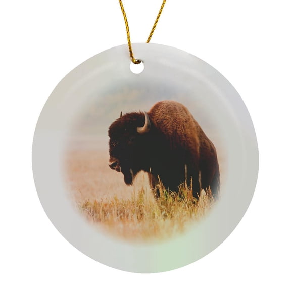 3drose, American Bison Herd in Teton Np, Wyoming, Usa, Circle Porcelain Ornament