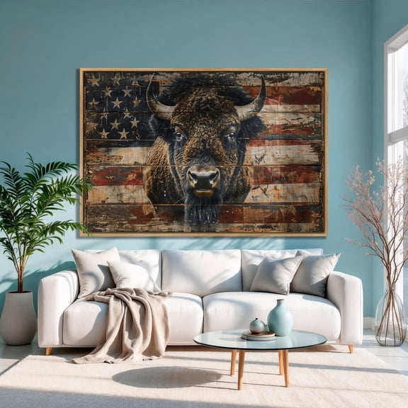 American Bison Poster: Vintage Usa Flag Wood Panel Art, Stretched Canvas Size 8x12