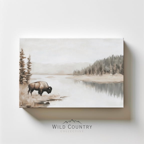 American Bison Wall Art Print, Western Buffalo River Landscape Vintage Wildlife Decor