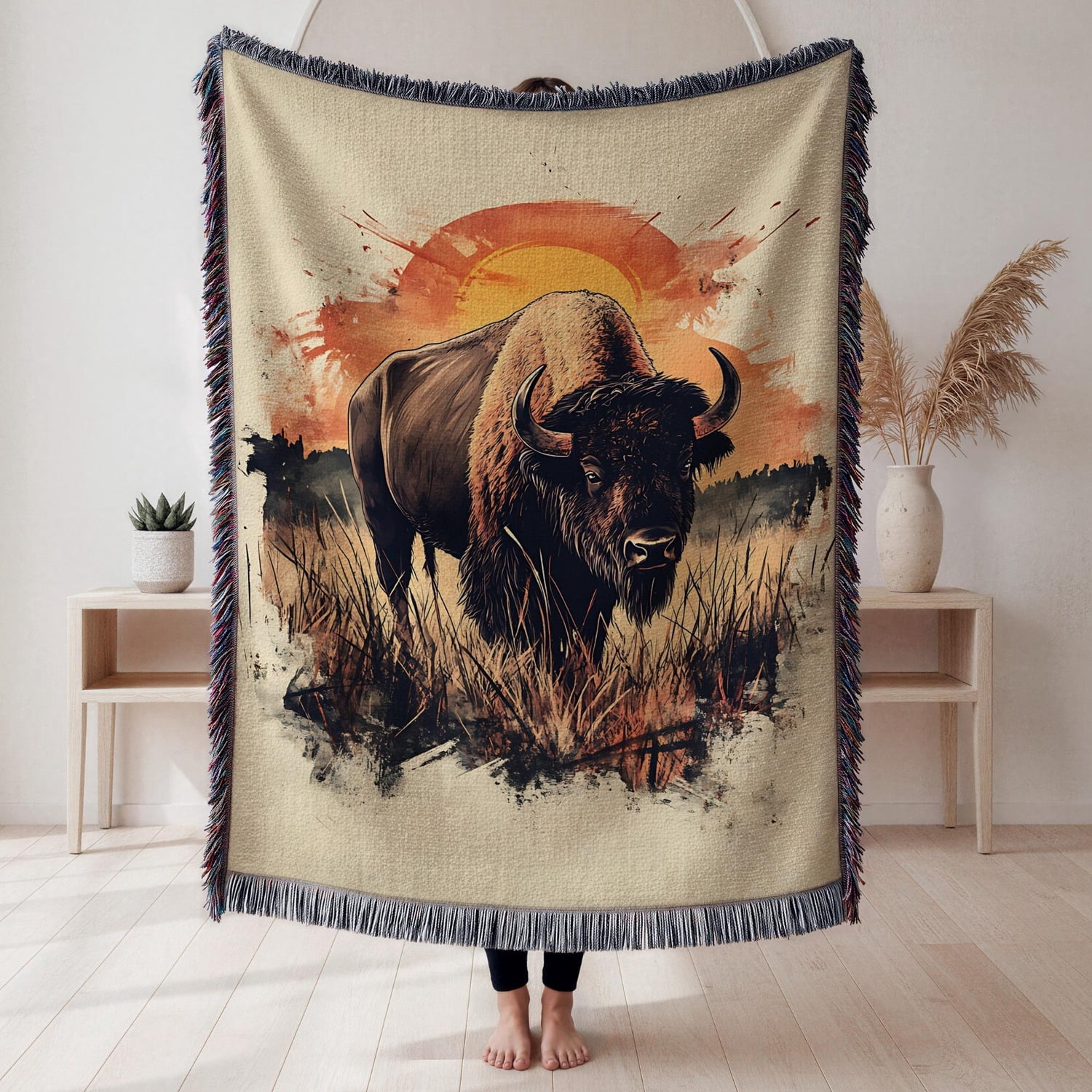 American Bison at Sunset in Rust, Gold and Black Woven Blanket, 100% ...