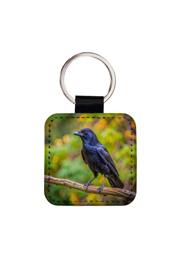American Black Crow Backyard Bird Faux Leather Square Keychain