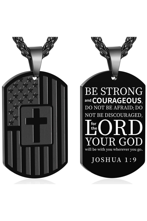 Black Dog Tag Cross Necklaces for Men Boys American Flag Pendant Chain Catholic Christian Religious Birthday Valentines Day Jewelry Gifts Teen Him Dad Boyfriend Male Son Adults Kids Age Ideas