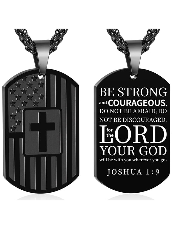 Black Dog Tag Cross Necklaces for Men American Flag Pendant Chain Catholic Christian Religious Birthday Christmas Jewelry Gifts Teen Boys Stocking Stuffers Kids