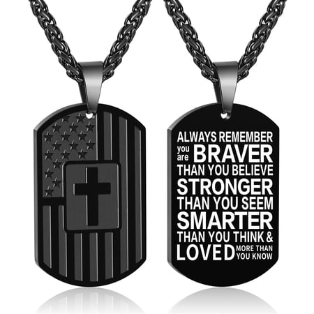 American Black Dog Tag Cross Necklaces for Men Bible Verse Pendant Cross Stainless Steel Men Necklaces 24 Inches Chain First Communion Confirmation Religious Christian Christmas Jewelry Gifts