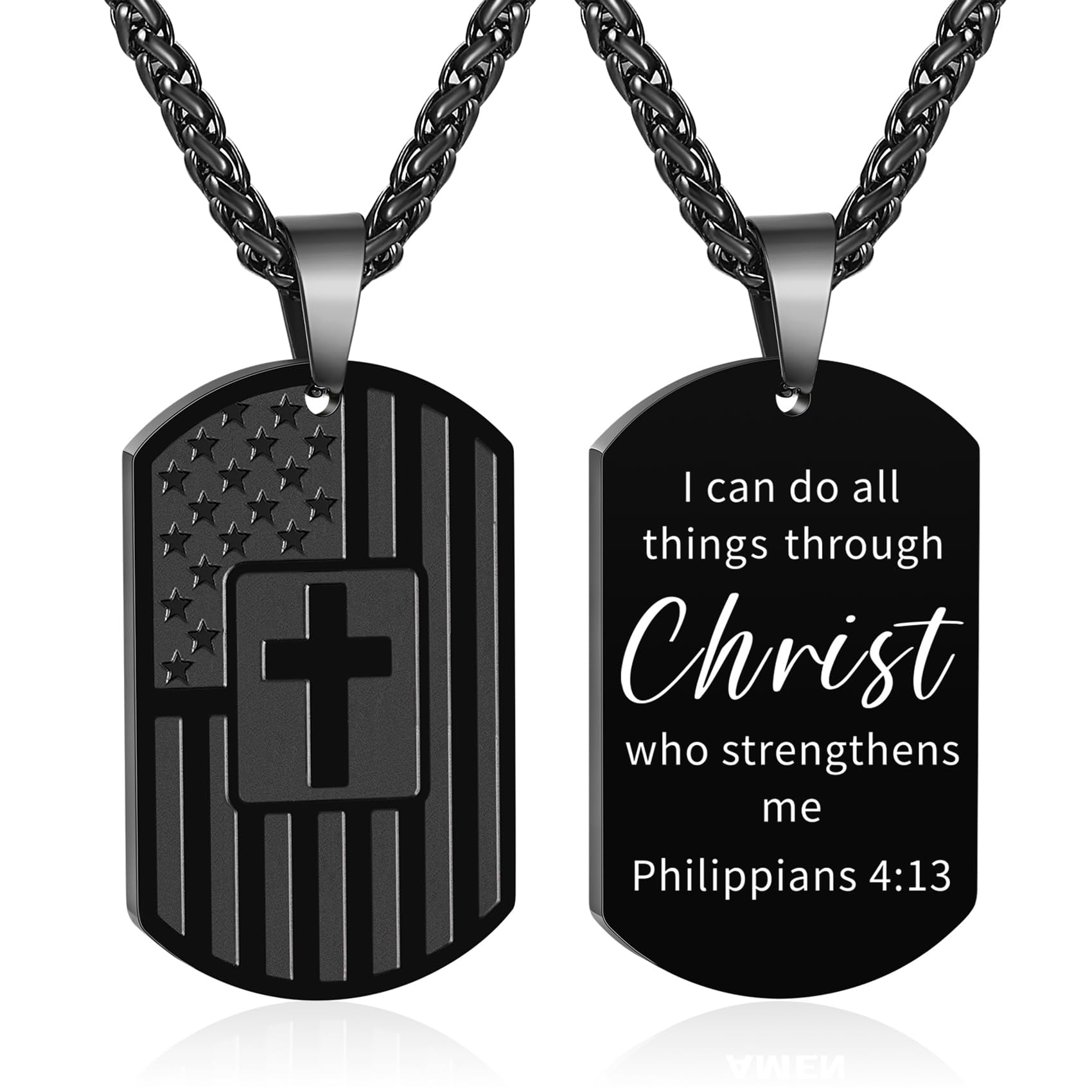 American Black Dog Tag Cross Necklaces for Men Boys Bible Verse Pendant Stainless Steel Men
