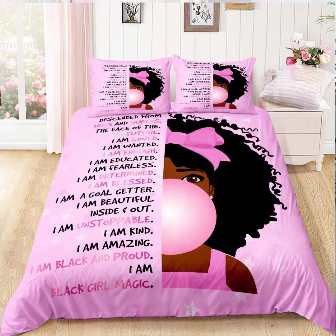 American Black Girl Duvet Cover Set Black Girl Magic Bedding Set Full Size Cute Little Afro