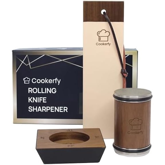 American Black Walnut Rolling Knife Sharpener - Kitchen Knife Sharpener with 4 Angles & Leather Strop - Afilador de Cuchillos SS304 Shaft - Diamond-Coated & Ceramic Discs
