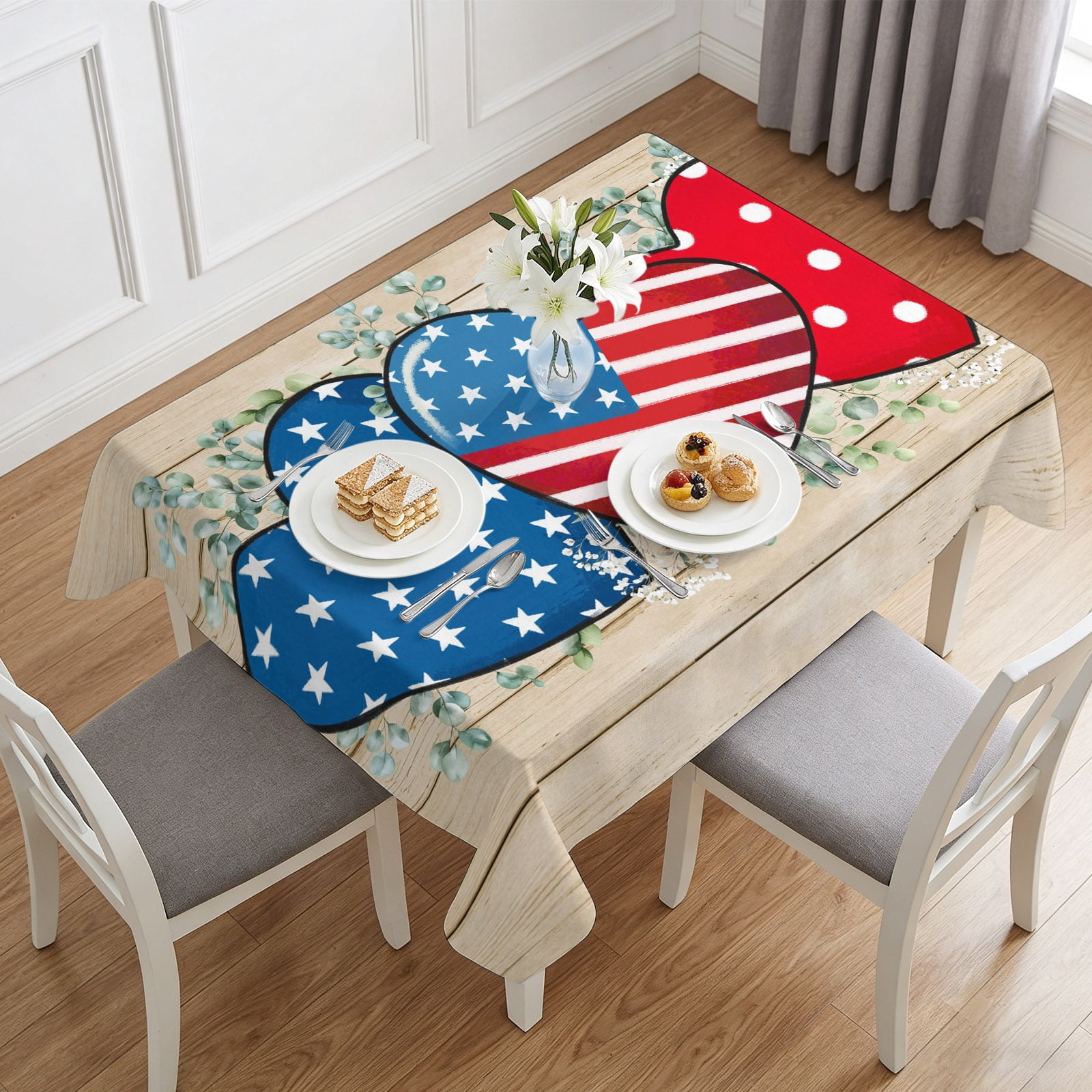 American Blue Red Love Heart Table Cloth 60x84in, Waterproof Rectangle ...