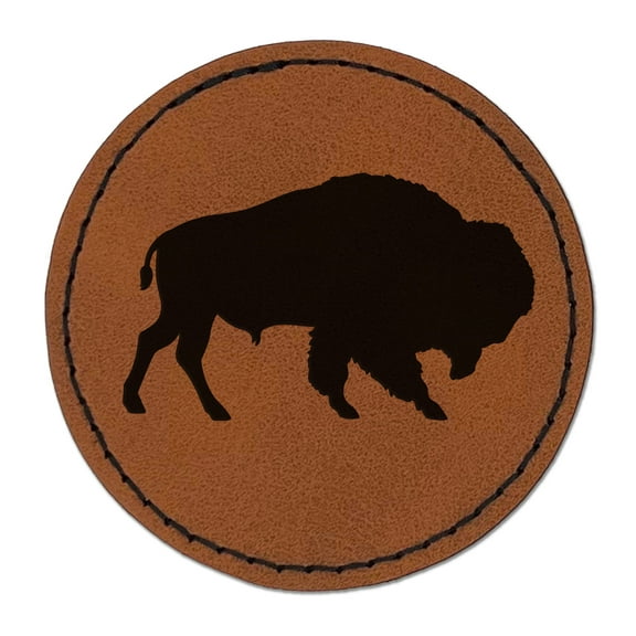 American Buffalo Bison Solid 2.5" Faux Leather Round Engraved Iron-On Patch - Brown