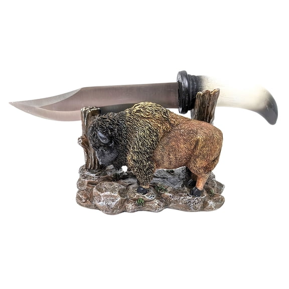 BestGiftEver Buffalo Horn-Inspired Blade Knife with Rustic Bison Stand, Cabin Lodge Decor
